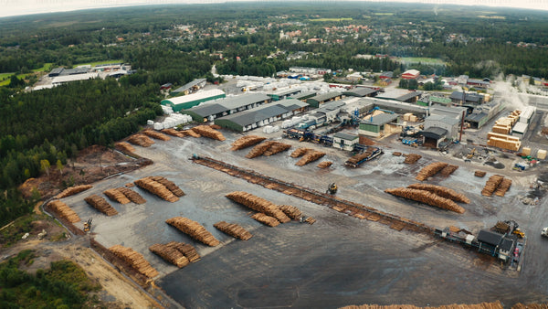 Aerial view of summer lumber mill: Forestry industry in action