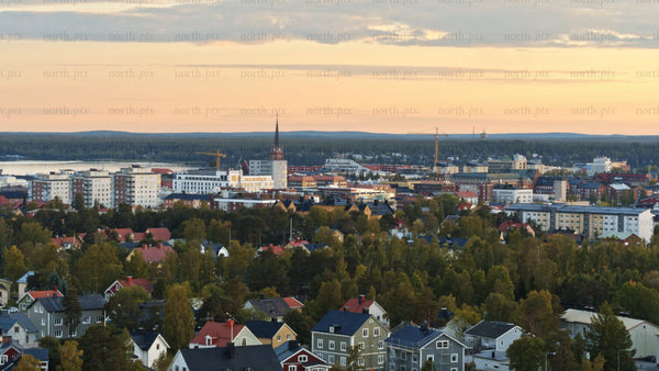 Aerial view of Luleå at sunset: Summer evening cityscape