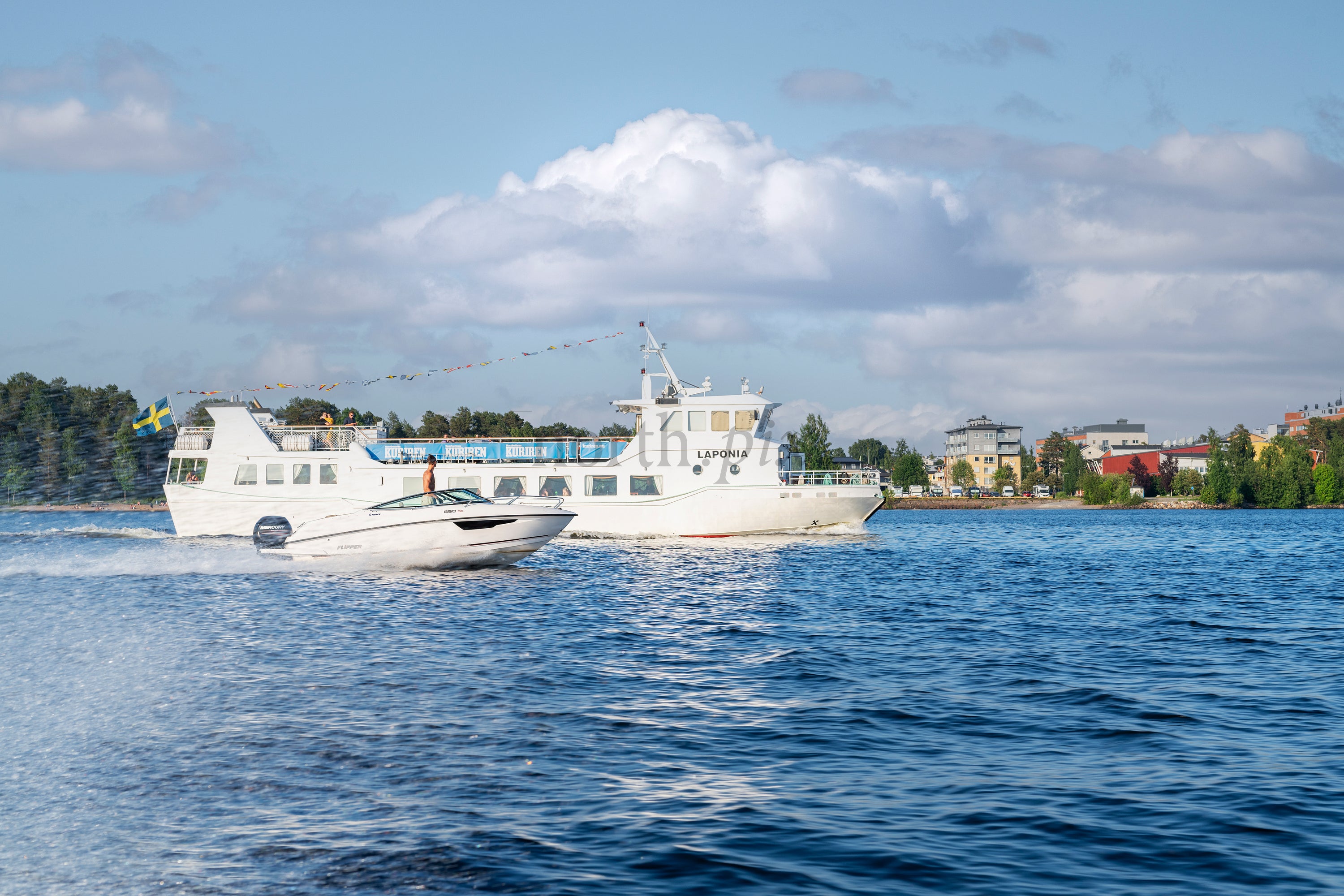 White passenger ferry and speedboat on water in summer