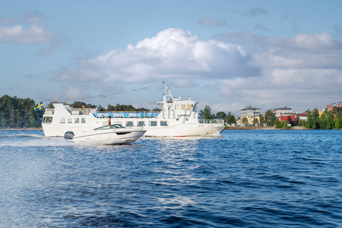 White passenger ferry and speedboat on water in summer