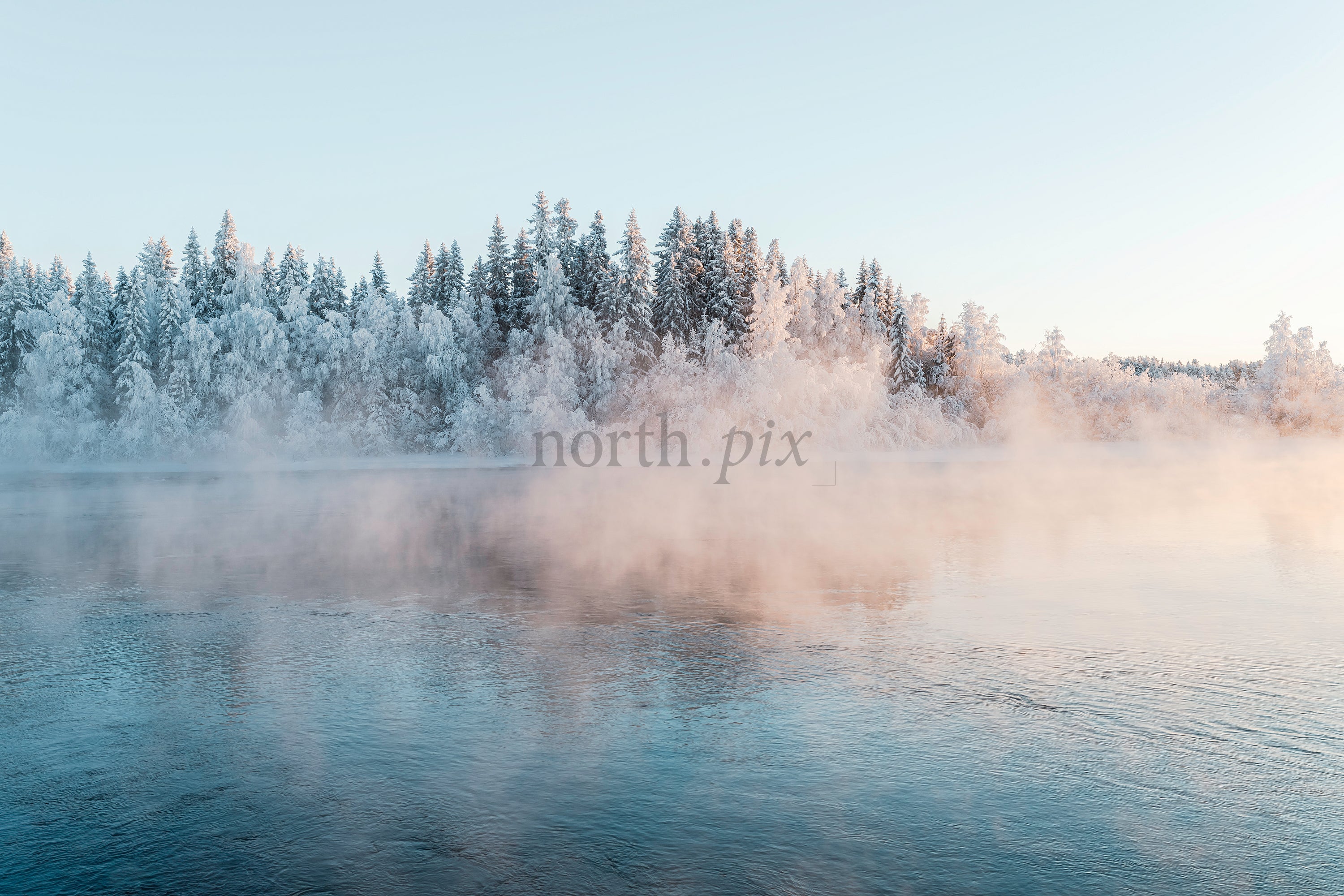 Snow-covered forest and river with morning mist
