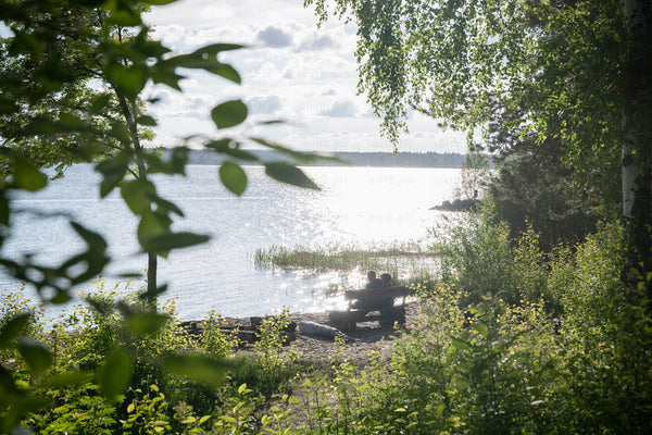 Couple on bench by lake, summer afternoon