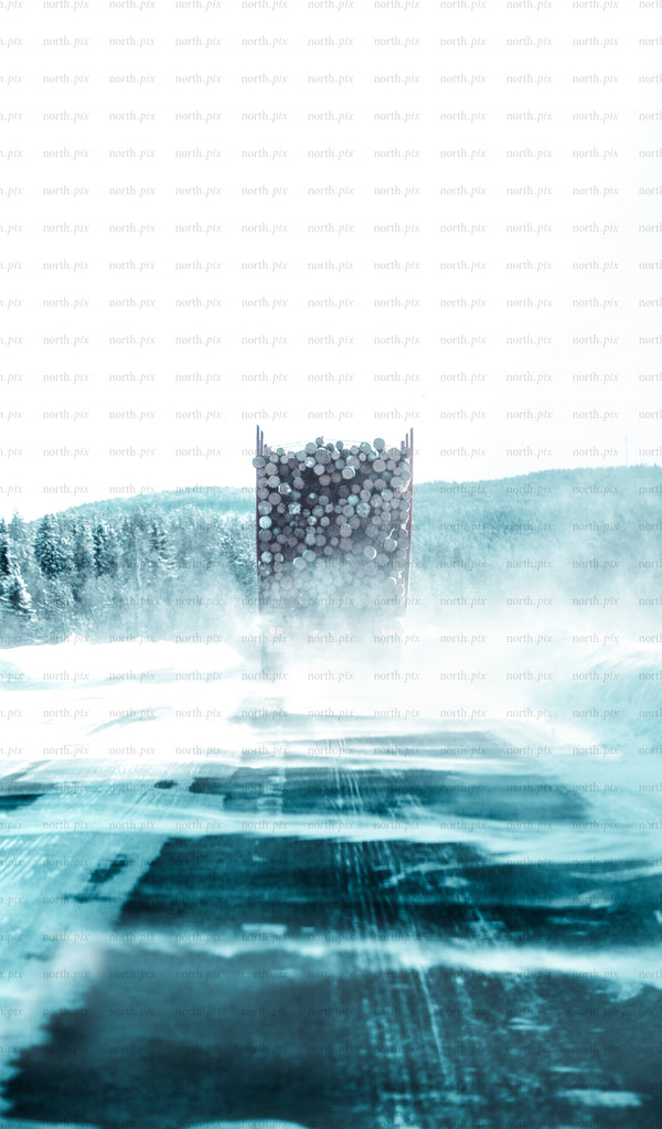Log truck loaded with timber on snowy road