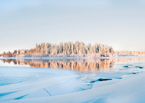 Vintermorgon över frusen sjö och snötäckt skog i Luleå, Sverige