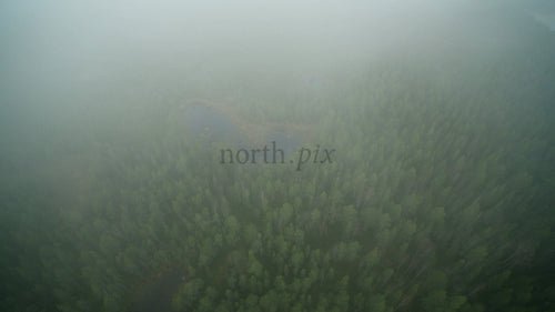 Vindkraftverk i en dimmig skog: Flygfoto över förnybar energi i Haraholmen, Sverige
