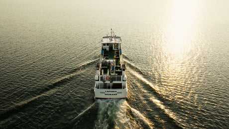 Ferry in Lulea Archipelago at Sunset: Laponia Seskarö, Golden Hour, Aerial View