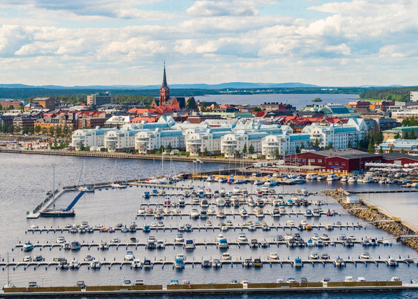 Aerial view of Luleå harbor with marina during summer day