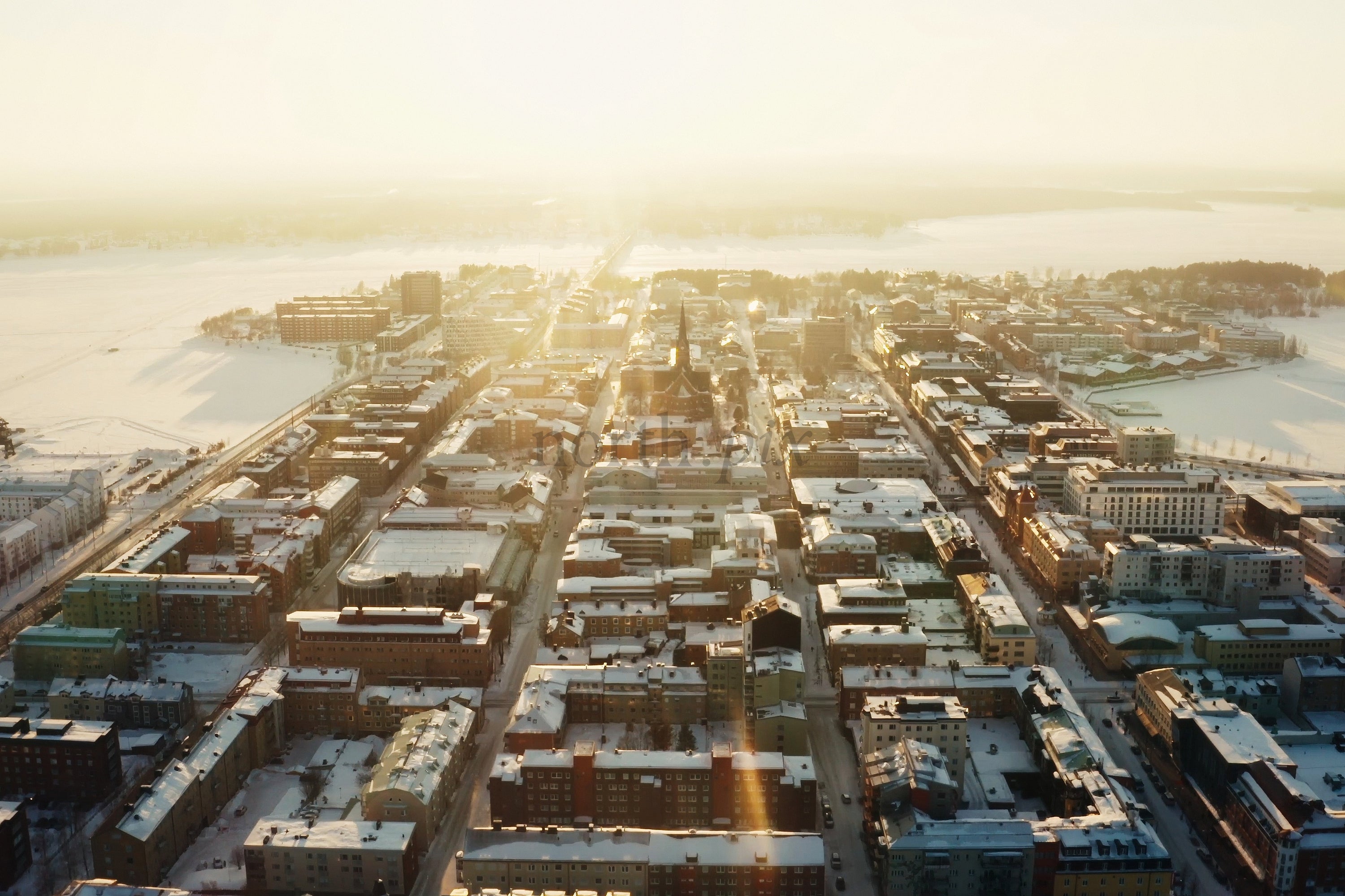 Aerial View Of Luleå City Center At Sunrise In Snowy Winter Morning